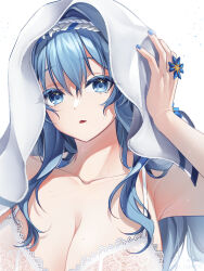 1girl blue_eyes blue_hair breasts cleavage collarbone goddess_of_victory:_nikke helm_(nikke) helm_(post-shower_moment)_(nikke) highres holding holding_towel nail_polish nightgown official_alternate_costume simple_background solo towel upper_body white_background white_nightgown yu_uyake15