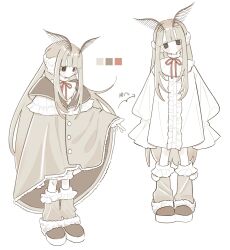 1girl arm_at_side arms_at_sides arrow_(symbol) arthropod_girl black_eyes blunt_bangs blush_stickers brown_coat brown_hair brown_leg_warmers brown_shoes buttons capelet center_frills character_request check_character check_copyright closed_mouth coat collared_coat color_guide copyright_request dot_mouth dot_nose dress eguwi frilled_capelet frilled_dress frilled_leg_warmers frills fur-trimmed_leg_warmers fur_trim gradient_hair highres insect_girl kemonomimi_mode knee_blush leg_warmers limited_palette long_hair long_sidelocks long_sleeves looking_at_viewer looking_down moth_antennae moth_girl multicolored_hair multiple_views neck_ribbon original oversized_clothes puffy_long_sleeves puffy_sleeves ribbon shoes sidelocks simple_background sleeves_past_fingers sleeves_past_wrists standing translation_request very_long_hair white_background white_capelet white_fur wide_sleeves