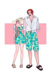 Rule 34 | 1boy, 1girl, beard stubble, collared shirt, commentary request, dress, facial hair, father and daughter, hair over one eye, hat, heart blody, highres, leg hair, looking at viewer, looking to the side, one piece, one piece film: red, pink background, ponytail, purple eyes, red hair, sandals, scar, scar on face, shanks (one piece), shirt, smile, stubble, uta (one piece), white background, white shirt