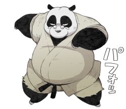 1boy animal_ears bara belly belt black_belt black_fur commentary_request dougi fat furry furry_male looking_at_viewer male_focus multicolored_fur panda_boy panda_ears pants plump ranma_1/2 round_eyewear saotome_genma_(panda) shirt translation_request wantaro white_background white_fur white_pants white_shirt