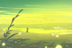 1girl artist_name bird cloud grass green_theme hat horizon huhv. original outdoors scenery sheep sky solo standing yellow_theme