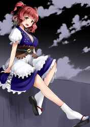 Rule 34 | 1girl, absurdres, black sandals, blue dress, blush, breasts, cleavage, coin, dress, frilled dress, frills, full body, hair bobbles, hair ornament, highres, large breasts, looking at viewer, minase (takaoka nanase), night, obi, okobo, on wall, onozuka komachi, platform sandals, puffy short sleeves, puffy sleeves, red eyes, red hair, sandals, sash, short sleeves, socks, solo, tabi, touhou, two side up, wavy hair, white socks