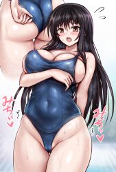 1girl adjusting_clothes adjusting_swimsuit ass blue_one-piece_swimsuit breasts brown_hair cameltoe cleavage covered_navel groin huge_ass kotegawa_yui large_breasts long_hair one-piece_swimsuit open_mouth r-binon school_swimsuit sideboob swimsuit thick_thighs thighs to_love-ru undersized_clothes wet wide_hips yellow_eyes