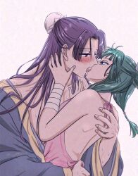 1boy 1girl bandaged_arm bandages blush dress green_hair highres jinshi_(kusuriya_no_hitorigoto) kiss kusuriya_no_hitorigoto long_hair maomao_(kusuriya_no_hitorigoto) purple_eyes purple_hair ran_(pixiv44170519) sweat sweatdrop