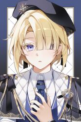 Rule 34 | 1boy, adapted costume, adjusting clothes, adjusting necktie, aiguillette, beret, black hat, blonde hair, blue eyes, blue gemstone, blue necktie, blue vest, capelet, collar, freckles, freminet (genshin impact), gem, genshin impact, gold trim, hair over one eye, hat, highres, necktie, opal (k oooh), shirt, short hair, solo, vest, white collar, white shirt