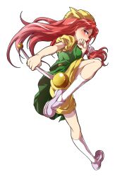 1girl alphes_(style) ass bare_arms blush closed_mouth commentary_request dairi floating_hair from_side full_body hair_ribbon hat holding kneehighs large_variant_set leg_up loafers long_hair orange_(touhou) parody puffy_short_sleeves puffy_sleeves red_hair ribbon shirt shoes short_sleeves shorts socks solo standing standing_on_one_leg style_parody touhou touhou_(pc-98) transparent_background twirl_baton variant_set white_ribbon white_socks yellow_hat yellow_shirt yellow_shorts