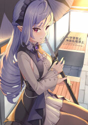1girl absurdres armpit_cutout black_nails brown_pantyhose closed_mouth clothing_cutout cyclone_tarou frilled_sleeves frills grey_hair grey_shirt grey_skirt headdress highres holding holding_umbrella long_hair long_sleeves miniskirt nail_polish pantyhose pleated_skirt pointy_ears red_eyes shirt sitting skirt smile solo umbrella very_long_hair vivian_banshee watermark zenless_zone_zero