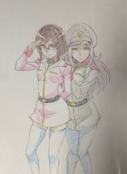 Rule 34 | 2girls, aila jyrkiainen, character request, closed mouth, glasses, gundam, gundam build fighters, hat, highres, kousaka china, long hair, looking at viewer, matsukawa tetsuya, military uniform, multiple girls, short hair, simple background, skirt, smile, thighhighs, white background, white thighhighs