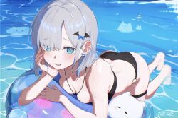 Rule 34 | 1girl, :d, ass, barefoot, bars, bat hair ornament, bikini, black bikini, blue eyes, bow, bow earrings, breasts, bright pupils, butt crack, cleavage, collarbone, earrings, grey hair, hair ornament, hand up, highres, jewelry, kaga sumire, looking at viewer, medium breasts, medium hair, necklace, o-ring, o-ring bikini, open mouth, parted bangs, simuyutou, smile, solo, strapless, strapless bikini, swimsuit, teeth, thigh strap, upper teeth only, virtual youtuber, vspo!, water, white pupils