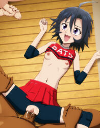 Rule 34 | 1girl, 2boys, black hair, blush, breasts, censored, circle anco, dark-skinned male, dark skin, eyeshield 21, highres, interracial, male masturbation, masturbation, multiple boys, nipples, open mouth, penis, purple eyes, pussy, sex, short hair, skirt, small breasts, taki suzuna, vaginal