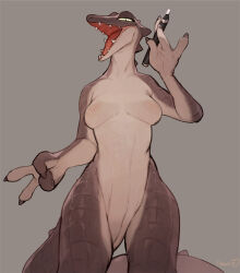 1girl bebebe breasts colored_sclera cowboy_shot crocodile_girl crocodilian furry furry_female half-closed_eyes highres holding holding_marker laughing long_neck marker medium_breasts nipples non-web_source nude open_mouth original reptile_girl scales sharp_teeth slit_pupils standing tail teeth v wide_hips