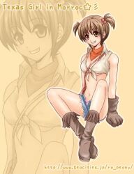 1girl 2000s_(style) bandana blacksmith_(ragnarok_online) blue_shorts blush boots breasts brown_background brown_boots brown_eyes brown_gloves brown_hair commentary_request crop_top feliciel full_body gloves grin hair_bobbles hair_ornament looking_at_viewer lowres medium_breasts navel open_fly orange_bandana panties panty_peek pink_panties ragnarok_online shirt short_hair short_shorts short_twintails shorts simple_background sleeveless sleeveless_shirt smile solo tied_shirt twintails underboob underwear watermark web_address white_shirt zoom_layer