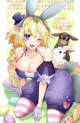 1girl absurdres animal_ears bare_shoulders blonde_hair blue_eyes blush braid breasts cleavage collarbone easter fake_animal_ears fate/grand_order fate_(series) gloves hairband highres jeanne_d&#039;arc_(fate) large_breasts long_hair looking_at_viewer one_eye_closed open_mouth rabbit rabbit_ears smile solo very_long_hair wagu_neru