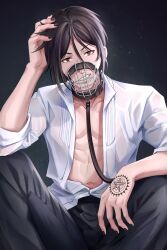 Rule 34 | 1boy, absurdres, black collar, black hair, black nails, black pants, closed mouth, collar, collarbone, commentary, english commentary, fangs, hair between eyes, hand in own hair, hand tattoo, highres, kuroshitsuji, light particles, looking at viewer, male focus, muzzle (mask), navel, open clothes, open shirt, pants, red eyes, sebastian michaelis, short hair, sitting, smirk, solo, tattoo, teeth, zephyr (zephyrsg9)