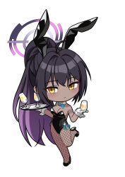 1girl absurdres ahoge alfie_(tmdals7645) animal_ears aqua_bow aqua_bowtie black_leotard black_shoes blue_archive bow bowtie champagne_flute chibi chibi_only cup dark-skinned_female dark_skin detached_collar drinking_glass fake_animal_ears fishnet_pantyhose fishnets gloves gradient_hair hair_intakes halo hashtag-only_commentary high_heels high_ponytail highres holding holding_cup holding_plate karin_(blue_archive) karin_(bunny)_(blue_archive) leotard light_blush long_hair looking_at_viewer multicolored_hair number_tattoo official_alternate_costume official_alternate_hairstyle pantyhose plate ponytail purple_hair purple_halo rabbit_ears shoes shoulder_tattoo sidelocks slit_pupils solo standing standing_on_one_leg strapless strapless_leotard tattoo very_long_hair white_background white_gloves yellow_eyes