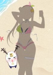 &gt;_&lt; 1girl absurdres airani_iofifteen arm_behind_head arm_up beach bikini blush bow_hairband commentary commission covering_own_eyes creature dressed_shadow_(meme) english_commentary green_bikini green_hairband hair_bun hair_ornament hairband halterneck highres holding holding_phone hololive hololive_indonesia implied_nudity ioforia_(airani_iofifteen) knees_together_feet_apart long_hair long_sidelocks meme multi-strapped_bikini_bottom multicolored_bikini multicolored_hairband palette_hair_ornament phone pink_bikini pink_hairband second-party_source shadow side_ponytail side_up_bun sidelocks swimsuit two-tone_bikini two-tone_hairband two_side_up untied_bikini unworn_bikini virtual_youtuber yuuta_(yuuta0361)