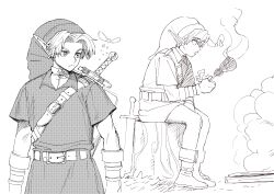 180_head_turn 1boy arm_belt arm_on_thigh arms_at_sides belt_around_waist belt_buckle ben-day_dots between_legs boots buckle campfire collared_shirt commentary constricted_pupils cowboy_shot curtained_hair earrings eyebrows_hidden_by_hair facing_viewer fairy fantasy flying food from_side frown full_body furrowed_brow gloves greyscale half-closed_eyes hand_between_legs hand_up hat head_down highres holding holding_skewer hungry jewelry lapels large_ears leaning_forward legs_together link looking_at_food looking_down looking_to_the_side male_focus matheus_felipe meat monochrome narrowed_eyes navi nintendo on_log open_mouth outdoors parted_bangs phrygian_cap planted planted_sword planted_weapon profile raised_inner_eyebrows screentones serious shield shield_on_back shirt short_hair short_sleeves shoulder_belt sidelocks simple_background sitting sitting_on_log sketch skewer smoke steam steaming_food stomach_growling straight-on sweatdrop sword sword_on_back the_legend_of_zelda the_legend_of_zelda:_ocarina_of_time thick_eyelashes tunic v-shaped_eyebrows weapon weapon_on_back white_background wide-eyed