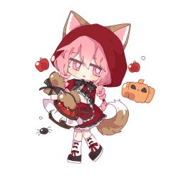 1girl :o a_wuqi animal_ears animal_hands apple apron basket black_bow black_bowtie black_shoes blush_stickers bow bow_legwear bowtie bright_pupils brown_gloves bug capelet chibi child chinese_commentary commentary_request cosplay dot_nose ears_through_headwear fake_claws food fruit gloves hair_between_eyes halloween halloween_costume highres holding holding_basket hood hood_up hooded_capelet jack-o&#039;-lantern kaname_madoka kemonomimi_mode kneehighs lace-trimmed_apron lace-trimmed_bowtie lace_trim little_red_riding_hood little_red_riding_hood_(grimm) little_red_riding_hood_(grimm)_(cosplay) long_hair low_twintails mahou_shoujo_madoka_magica mahou_shoujo_madoka_magica_(anime) miniskirt open_mouth paw_gloves pink_eyes pink_hair pleated_skirt red_apron red_bow red_capelet red_skirt shirt shoes simple_background skirt socks solo spider standing tail twintails very_long_hair white_background white_pupils white_shirt white_socks wolf_ears wolf_tail