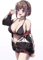Rule 34 | 1girl, :d, absurdres, araki nonoka (karaage bou), bat necklace, bikini, bikini top only, black bikini, black jacket, black ribbon, black shorts, blush, bob cut, breasts, brown hair, cleavage, collarbone, commentary request, hair ornament, hair ribbon, highres, jacket, jewelry, large breasts, looking at viewer, multicolored hair, multicolored jacket, navel, necklace, open mouth, original, purple eyes, purple hair, ribbon, short hair, shorts, simple background, smile, solo, standing, streaked hair, swimsuit, takano tomohiro, white background, x hair ornament