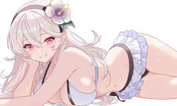 1girl absurdres armpit_crease bare_arms bare_shoulders bikini bikini_skirt black_hairband breast_press breasts cleavage female_corrin_(fire_emblem) female_corrin_(novice_vacationer)_(fire_emblem) fire_emblem fire_emblem_fates fire_emblem_heroes flower grey_hair grin hair_between_eyes hair_flower hair_ornament hairband halterneck head_rest highres large_breasts long_hair looking_at_viewer lying n_54 navel nintendo official_alternate_costume on_stomach pointy_ears red_eyes sideboob simple_background skindentation skirt smile solo stomach swimsuit thighs white_background white_bikini white_skirt