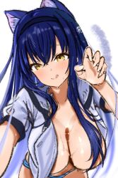 1girl :q animal_ear_fluff animal_ears black_hair blush bone_hair_ornament breasts cat_ears cat_girl cat_tail claw_pose cleavage closed_mouth collarbone commentary_request cowboy_shot crossed_bangs hair_between_eyes hair_censor hair_ornament hair_over_breasts hand_up hanging_breasts kemonomimi_mode kushima_kamome large_breasts leaning_forward long_hair looking_at_viewer no_bra no_pants official_alternate_costume open_clothes open_shirt panties puffy_short_sleeves puffy_sleeves sailor_collar school_uniform serafuku shirt short_sleeves sidelocks skull_and_crossbones skull_hair_ornament smile solo spiked_hair striped_clothes striped_panties summer_pockets summer_pockets_school_uniform sweat tail tongue tongue_out underwear white_sailor_collar white_shirt yellow_eyes zenoo