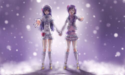 blue_hair closed_eyes couple denshi_manabu hat holding_hands long_hair looking_at_another love_live! open_mouth ponytail purple_hair shadow shy smile snow snow_halation sonoda_umi standing tojo_nozomi yuri