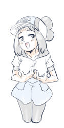 1girl :d bettie_(pokemon) blush breasts cowboy_shot grabbing_own_breast hat looking_at_viewer nintendo open_mouth partially_colored pokemon pokemon_masters_ex shirt short_sleeves shorts smile solo u4_99384295 white_background