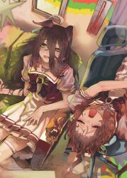 2girls absurdres agnes_tachyon_(umamusume) ahoge bangs_pinned_back black_hair bow bowtie brown_hair chair chemical_structure closed_eyes couch creature dress earrings ears_down grey_hair hair_between_eyes highres hot jewelry long_hair long_hair_between_eyes lying manhattan_cafe_(umamusume) melting multicolored_hair multiple_girls office_chair on_back parted_lips pleated_skirt puffy_short_sleeves puffy_sleeves purple_bow purple_bowtie purple_shirt purple_trim raised_eyebrow sailor_collar shirt shirt_tucked_in short_hair short_sleeves single_earring sitting skirt sweat swivel_chair thermometer thighhighs tonariuta tongue tongue_out umamusume upside-down very_long_hair watermark white_sailor_collar white_skirt white_thighhighs yellow_eyes
