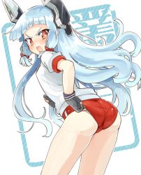 &gt;:o 10s 1girl :o adjusting_buruma adjusting_clothes angry ass blue_hair blunt_bangs blush buruma cowboy_shot female_focus gloves gym_uniform kantai_collection long_hair looking_at_viewer looking_back murakumo_(kancolle) naka_akira open_mouth red_eyes school_uniform solo v-shaped_eyebrows