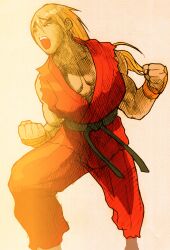 1boy angry barefoot bengus blonde_hair brown_eyes capcom clenched_hands dougi facing_to_the_side fighting_stance game_cg highres ken_masters long_hair looking_to_the_side male_focus martial_arts_belt marvel marvel_vs._capcom marvel_vs._capcom_2 muscular muscular_male non-web_source official_art open_mouth scan sidelighting simple_background solo street_fighter