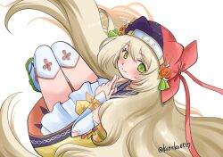 1girl blonde_hair blush celine_(fire_emblem) celine_(ninja)_(fire_emblem) closed_mouth detached_sleeves eyelashes fire_emblem fire_emblem_engage fire_emblem_heroes green_eyes hair_between_eyes highres kogeko0517 kuji-in long_hair looking_at_viewer nintendo official_alternate_costume skirt smile solo twitter_username very_long_hair white_background white_skirt