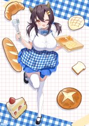 1girl absurdres alternate_costume apron azur_lane blue_apron blush bread breasts brown_eyes checkered_apron checkered_clothes elegant_(sumisumi4268) employee_uniform food gingham gingham_apron gingham_skirt hair_between_eyes hair_ornament hairclip highres horns kobeya_uniform large_breasts long_hair looking_at_viewer nagara_(azur_lane) open_mouth plaid_apron plaid_clothes pleated_shirt shirt smile standing standing_on_one_leg thighhighs tongs twintails waitress white_thighhighs