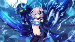 1girl air_bubble black_gloves blue_eyes blue_theme breasts bubble crystal deep_one_kyomu_to_mugen_no_fragment diffraction_spikes dress elbow_gloves electricity fish gloves hair_between_eyes horns iri-na_irizarova jewelry lens_flare long_hair looking_at_viewer navel non-web_source parted_lips shark short_hair small_breasts solo sparkle thighhighs underwater