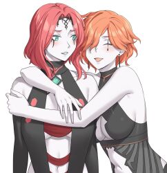 2girls absurdres aemu1008 aemu_(artist) agarthan alternate_costume blush cleavage_cutout cleobulus_(fire_emblem) clothing_cutout commentary cornelia_arnim cuddling english_commentary facial_tattoo fan_design fire_emblem fire_emblem:_three_houses highres kronya_(fire_emblem) mature_female multiple_girls nintendo orange_hair pale_skin red_hair tattoo yuri