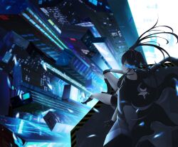 1girl absurdres bikini black_coat black_gloves black_hair black_rock_shooter black_rock_shooter_(character) black_shorts blue_eyes blue_fire boots building city coat fire flaming_eye gloves glowing glowing_eye highres long_hair neon_lights neon_palette open_clothes open_coat pale_skin shorts swimsuit twintails uneven_twintails user_wgtn3282