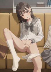 1girl :o black_hair bow bow_panties bowtie brown_eyes commentary_request couch covering_crotch covering_privates grey_bow grey_bowtie grey_sailor_collar grey_skirt hair_ornament hairclip highres knee_up kneehighs long_sleeves medium_hair momikyo67528 on_couch original panties panties_around_leg parted_lips pillow sailor_collar school_uniform serafuku shirt sitting skirt socks solo tongue underwear unworn_skirt white_panties white_shirt white_socks