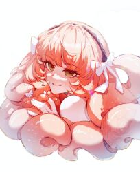 1girl commentary_request green_eyes hairband highres ishmael_(project_moon) kinala6490098 limbus_company octopus orange_hair project_moon red_pupils simple_background smile solo tentacle_hair tentacles upper_body white_background