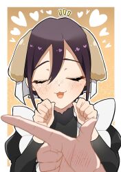 1girl :3 animal_ears black_hair blush chacha_kamimaru closed_eyes dog_ears finger_gun heart highres kimi_no_koto_ga_dai_dai_dai_dai_daisuki_na_100-nin_no_kanojo long_hair maid meido_mei outline puffy_sleeves veil white_outline yellow_background