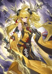 1girl absurdres arknights bare_shoulders black_choker black_dress blonde_hair bsc3507 choker dress electricity gloves highres holding holding_sword holding_weapon horns leizi_(arknights) leizi_the_thunderbringer_(arknights) long_hair looking_at_viewer pointy_ears purple_eyes sleeveless sleeveless_dress solo sword very_long_hair weapon white_gloves