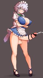 absurdres apron bat_wings blue_eyes bow bowtie braid breasts cleavage covered_erect_nipples crossed_arms cum frilled_skirt frills futanari green_bow green_bowtie grey_hair high_heels highres izayoi_sakuya large_breasts looking_down maid maid_apron maid_headdress miniskirt penis peso_(cheese_company) skirt smile testicles touhou twin_braids waist_apron wings wrist_cuffs