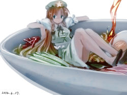 1girl blue_eyes bowl braid chabi_(amedama) dated egg female_focus food hat hong_meiling in_bowl in_container in_food long_hair mini_person minigirl noodles red_hair solo soup touhou twin_braids