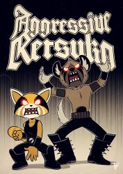 1boy 1girl absurdres aggressive_retsuko animal_ears animal_nose armband arms_up artist_name bare_shoulders belt black_footwear black_pants black_shirt blank_eyes body_fur boots breasts brown_fur clenched_hand collarbone copyright_name english_text fox-pop_vli full_body furry furry_female furry_male glowing glowing_eyes gradient_background haida_(aggretsuko) hand_up highres hyena_boy hyena_ears hyena_tail immortal_(band) legs_apart logo_parody looking_at_viewer makeup multicolored_fur open_mouth outline panda_ears panda_girl panda_tail pants red_eyes retsuko sharp_teeth shirt shirt_tucked_in sleeveless sleeveless_shirt small_breasts spiked_boots spikes standing striped_tail tail teeth topless_male watermark white_fur white_outline wristband yellow_fur