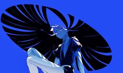 1other black_jacket black_necktie black_shorts black_suit blue_background blue_eyes closed_mouth collared_shirt floating_hair formal_clothes gem_uniform_(houseki_no_kuni) highres houseki_no_kuni jacket lapis_lazuli_(houseki_no_kuni) long_hair looking_at_viewer mt5_014 necktie other_focus puffy_short_sleeves puffy_sleeves shirt short_shorts short_sleeves shorts simple_background smile solo suit suit_jacket very_long_hair