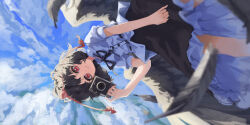 1girl absurdres black_feathers black_hair black_skirt black_wings blue_sky camera cloud cloudy_sky feathers flying hat highres holding holding_camera lab2linch light_smile looking_at_viewer medium_hair red_eyes shameimaru_aya shirt short_sleeves skirt sky solo tokin_hat touhou white_shirt wings