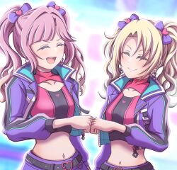 2girls :d ^_^ above_cleavage_cutout anyoji_hime belt black_belt blonde_hair bow closed_eyes closed_mouth collarbone collared_jacket commentary_request crop_top cropped_jacket cropped_shirt curtained_hair fist_bump ganbarai hair_bow hair_ornament heart heart_belt_buckle heart_hair_ornament highres jacket link!_like!_love_live! long_sleeves love_live! midriff mira-cra_park! multiple_girls navel official_alternate_costume official_alternate_hairstyle open_clothes open_jacket open_mouth osawa_rurino parted_bangs pink_hair pink_shirt purple_bow purple_jacket purple_skirt shirt skirt smile split_mouth teeth twintails upper_teeth_only v-shaped_eyebrows virtual_youtuber