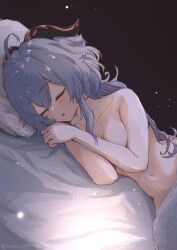1girl absurdres ahoge blue_hair blush breasts closed_eyes completely_nude female_focus ganyu_(genshin_impact) genshin_impact goat_girl goat_horns highres horns long_hair lying navel nude on_bed on_side open_mouth pillow sleeping solo sweat twitter_username