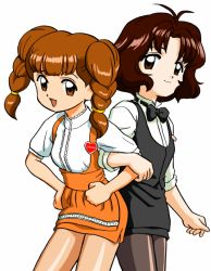 1990s_(style) 2girls anna_miller apron bandabekken bow bowtie brown_eyes brown_hair cardcaptor_sakura child formal_clothes locked_arms mihara_chiharu multiple_girls name_tag pantyhose retro_artstyle sasaki_rika short_hair skirt smile traditional_bowtie waitress