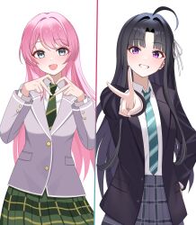 Rule 34 | 2girls, four-finger heart hands, absurdres, ahoge, awa subaru, bang dream!, bang dream! it&#039;s mygo!!!!!, black hair, blue necktie, chihaya anon, commentary, diagonal-striped clothes, diagonal-striped necktie, fang, genre connection, girls band cry, green necktie, green skirt, grey eyes, grey jacket, grey skirt, hair intakes, hair ribbon, haneoka school uniform, heart, heart hands, highres, jacket, kenomotsu yukuwa, long hair, long sleeves, multiple girls, necktie, open clothes, open jacket, open mouth, pink hair, plaid clothes, plaid skirt, ribbon, school uniform, shirt, sidelocks, skirt, striped clothes, v, white background, white ribbon, white shirt