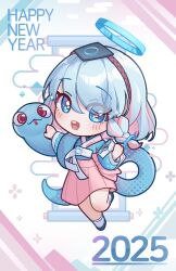 Rule 34 | 1girl, 2025, arona (blue archive), blue archive, blue eyes, blue hair, blue halo, blue snake, braid, chibi, chibi only, choonbongwoori, colored inner hair, commentary request, envelope, full body, halo, happy new year, highres, holding, holding envelope, japanese clothes, looking at viewer, miko, multicolored hair, new year, open mouth, pink hair, single braid, socks, solo, teeth, upper teeth only, white background, white socks
