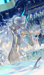 2boys alcohol aqua_horns arjuna_(fate) arjuna_alter_(fate) arm_support bar_(place) blue_eyes blue_pupils bracelet chest_jewel choker colored_skin commentary cowboy_shot cup drink drinking_glass dutch_angle earrings eyeshadow fate/grand_order fate_(series) floating_hair gold_choker gold_earrings grey_skin hair_between_eyes hair_ornament hairpin holding holding_cup horns ice ice_cube jewelry karna_(fate) kavacha_(fate) kundala_(fate) long_hair looking_at_viewer makeup male_focus multiple_boys official_alternate_costume official_art open_clothes open_mouth open_shirt parted_lips partially_submerged pool purple_eyes purple_eyeshadow red_eyeshadow rei_(sanbonzakura) rocks_glass short_hair short_sleeves sidelocks spiked_choker spikes teeth third-party_source upper_teeth_only very_long_hair water wet white_hair